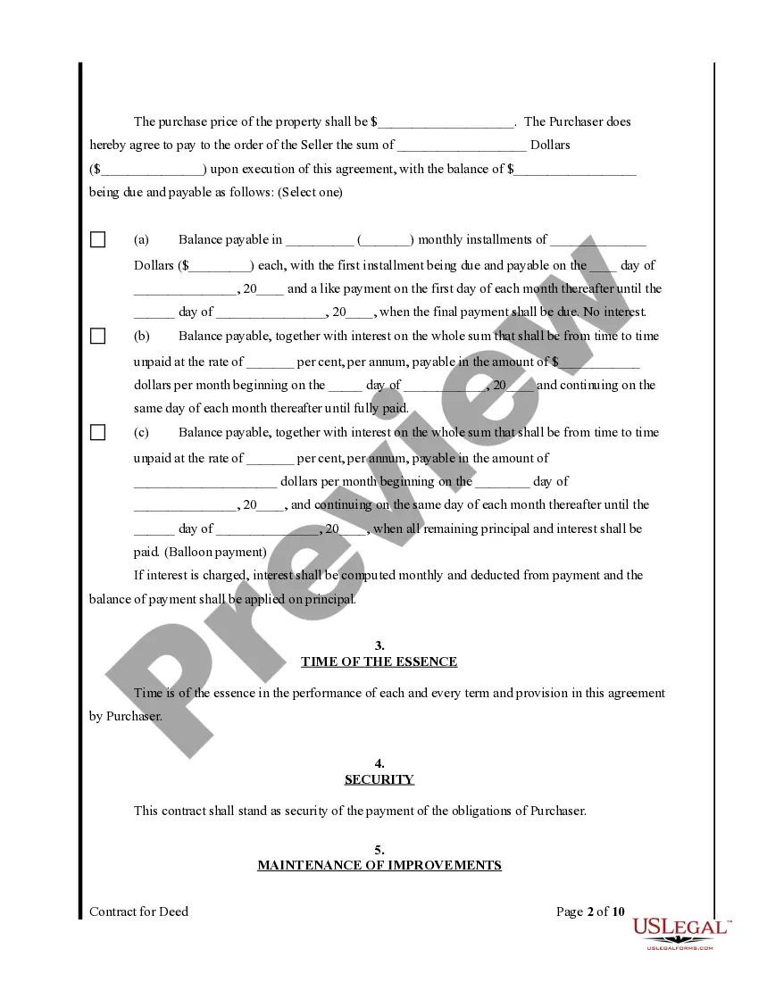 Preview Agreement or Contract for Deed for Sale and Purchase of Real Estate a/k/a Land or Executory Contract