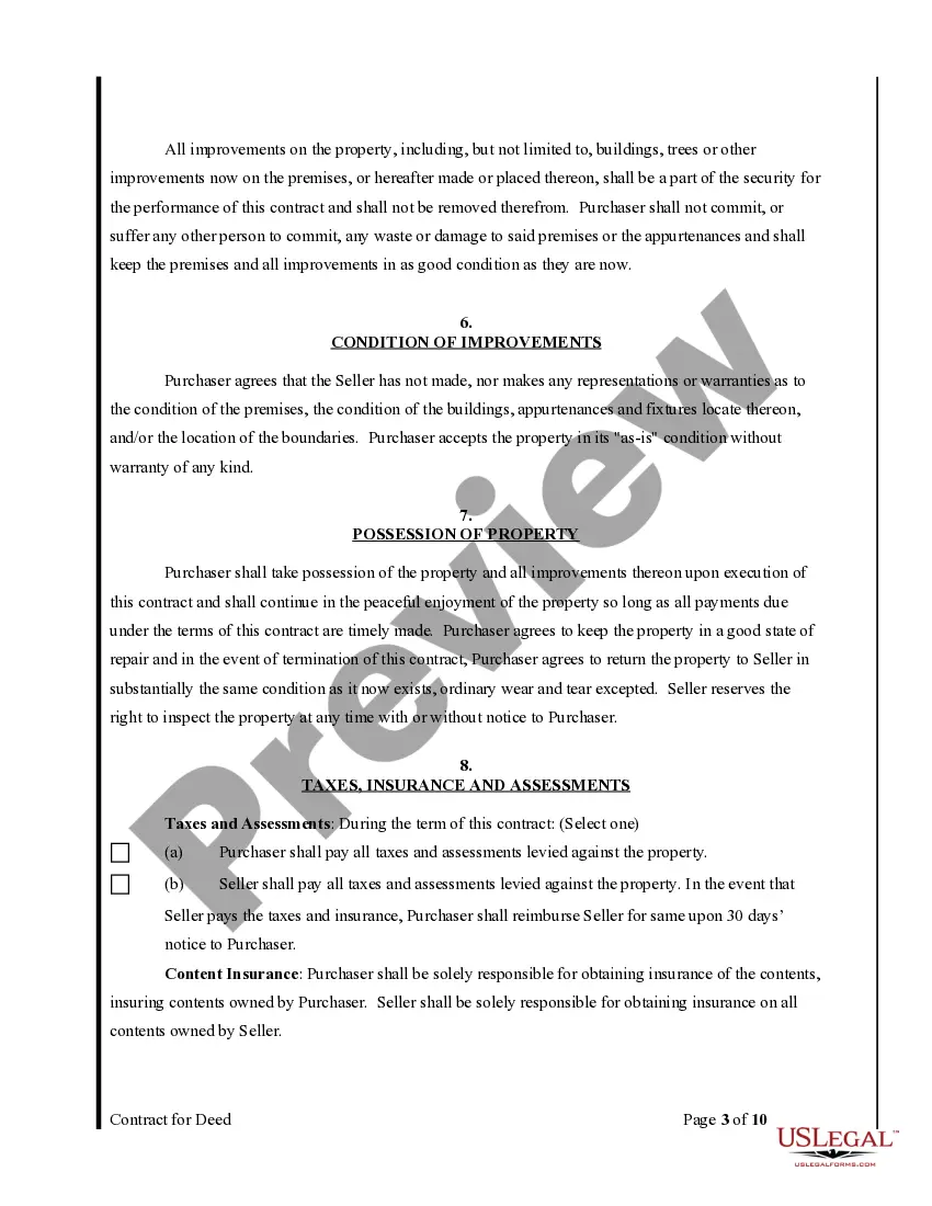 Preview Agreement or Contract for Deed for Sale and Purchase of Real Estate a/k/a Land or Executory Contract