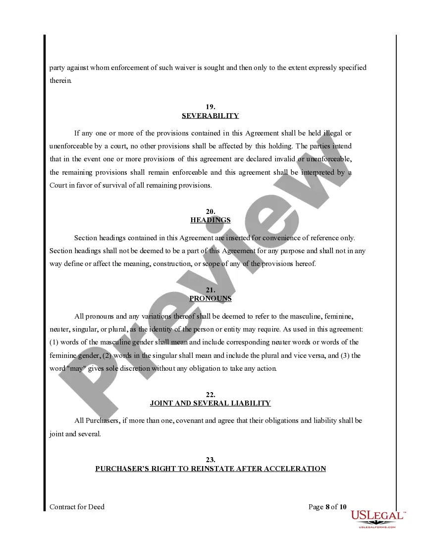 Preview Agreement or Contract for Deed for Sale and Purchase of Real Estate a/k/a Land or Executory Contract