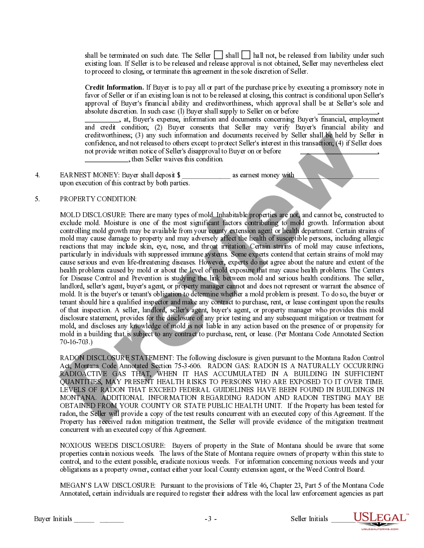 Montana Contract for Sale and Purchase of Real Estate with No Broker for Residential Home Sale