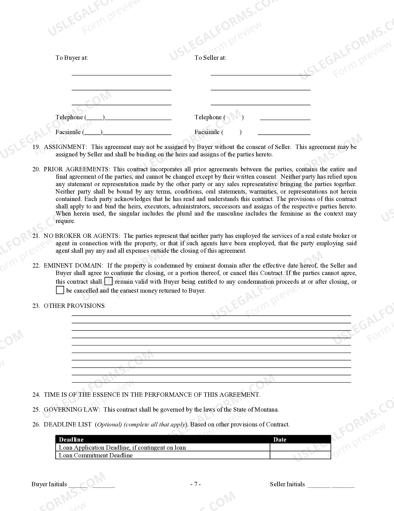 Montana Contract for Sale and Purchase of Real Estate with No Broker for Residential Home Sale