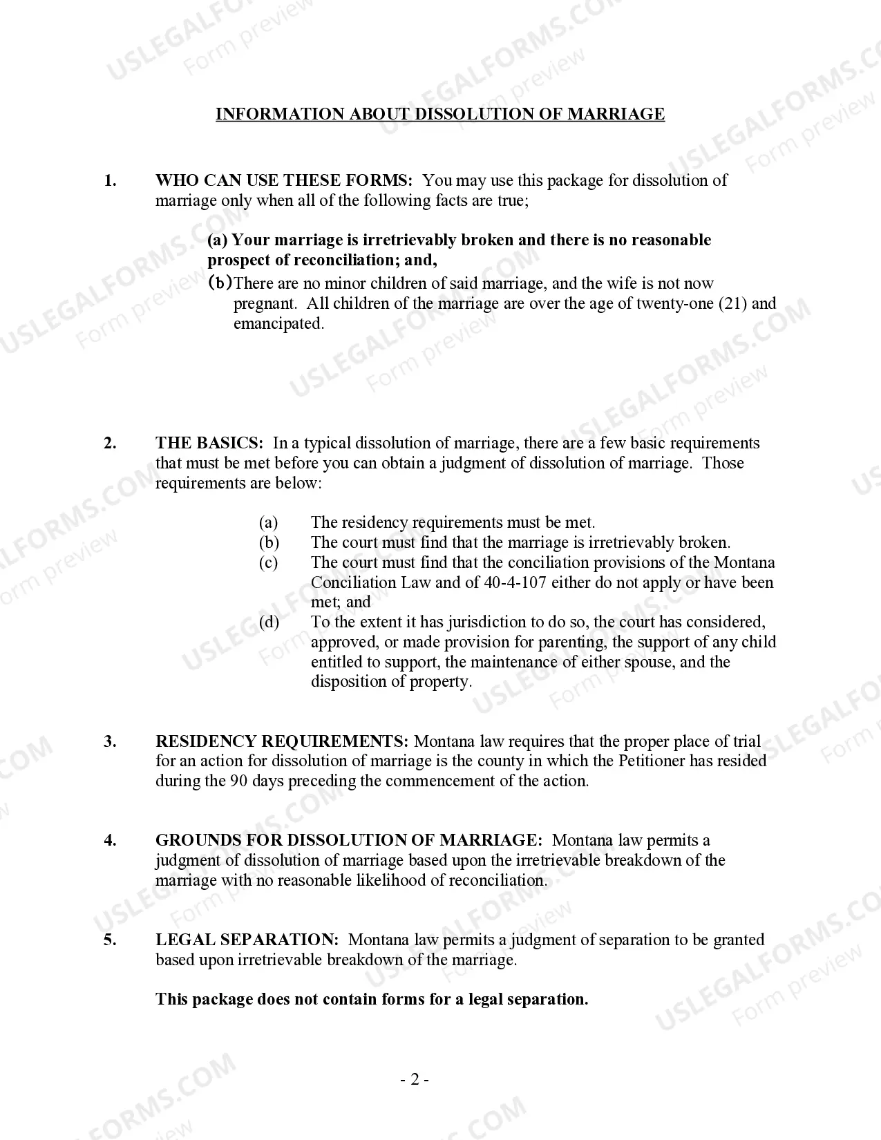 Preview Montana No-Fault Uncontested Agreed Divorce Package for Joint Dissolution of Marriage with Adult Children and with or without Property and Debts