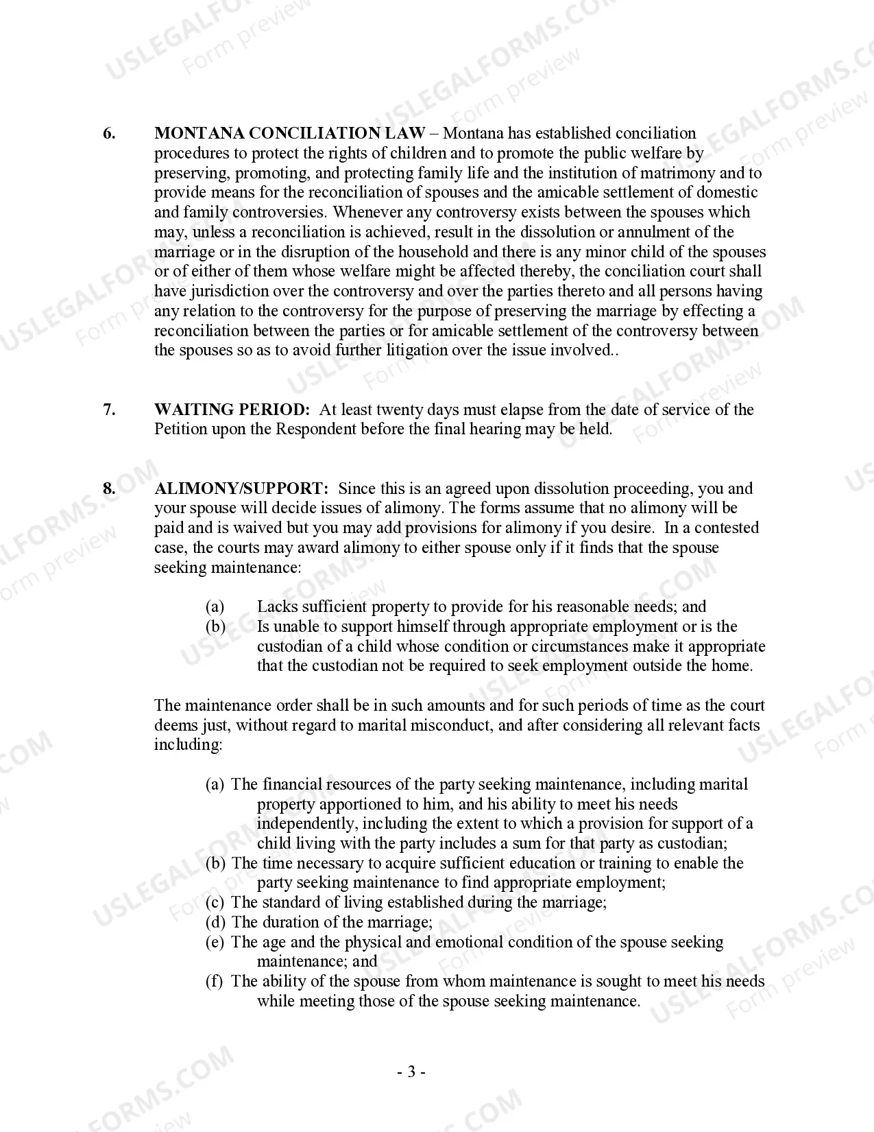 Preview Montana No-Fault Uncontested Agreed Divorce Package for Joint Dissolution of Marriage with Adult Children and with or without Property and Debts