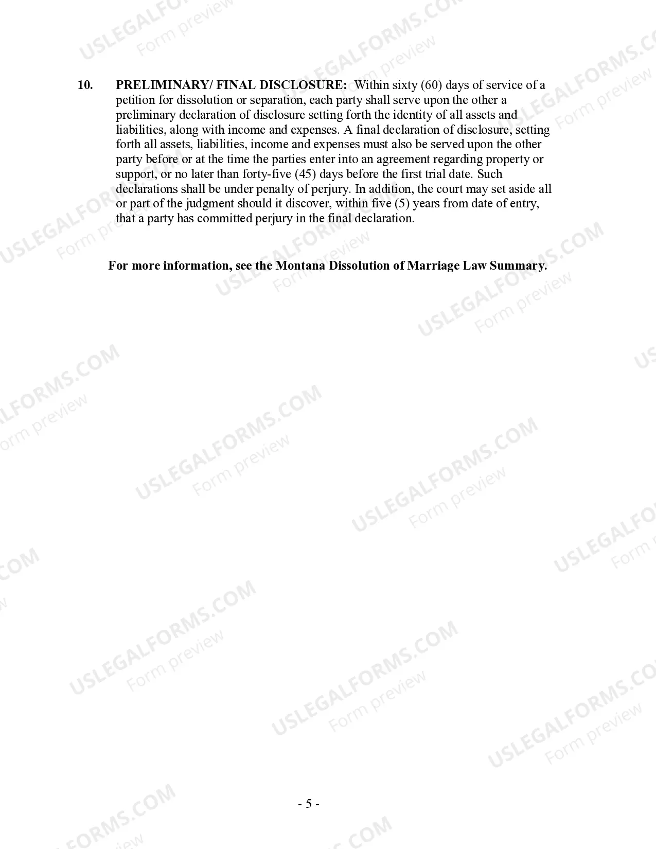 Preview Montana No-Fault Uncontested Agreed Divorce Package for Joint Dissolution of Marriage with Adult Children and with or without Property and Debts