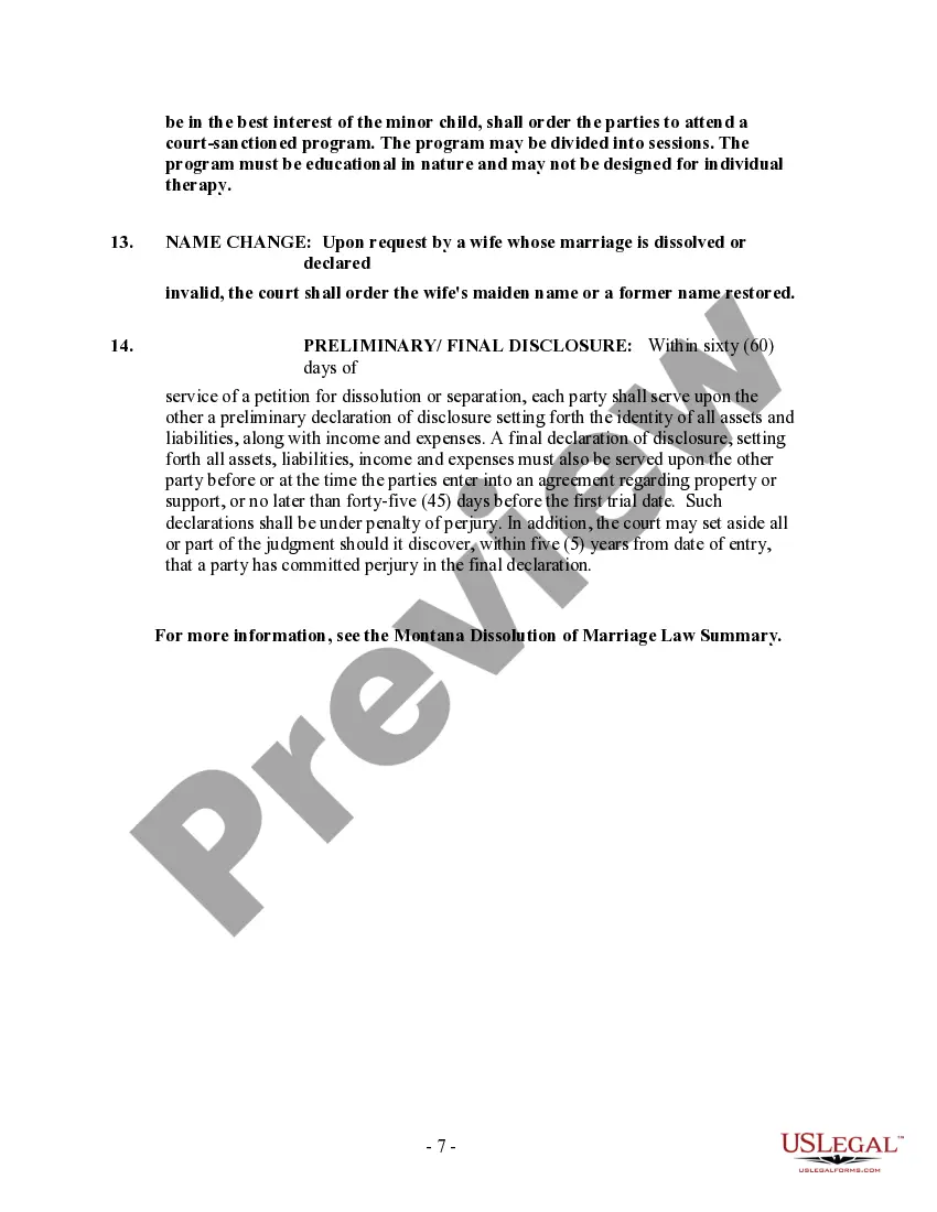 Preview Montana No-Fault Agreed Uncontested Divorce Package for Joint Dissolution of Marriage with Minor Children