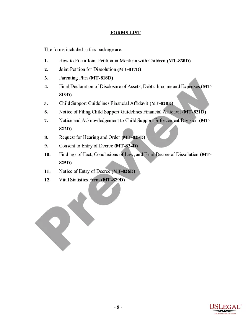 Preview Montana No-Fault Agreed Uncontested Divorce Package for Joint Dissolution of Marriage with Minor Children
