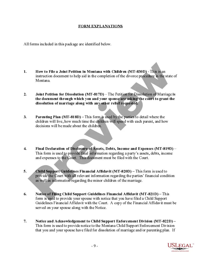 Preview Montana No-Fault Agreed Uncontested Divorce Package for Joint Dissolution of Marriage with Minor Children