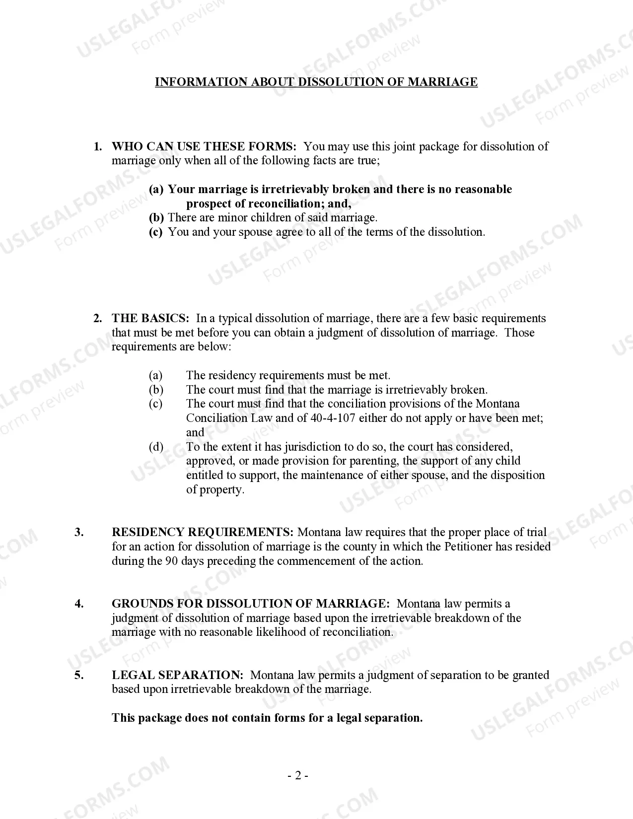 Preview Montana No-Fault Agreed Uncontested Divorce Package for Dissolution of Marriage for people with Minor Children