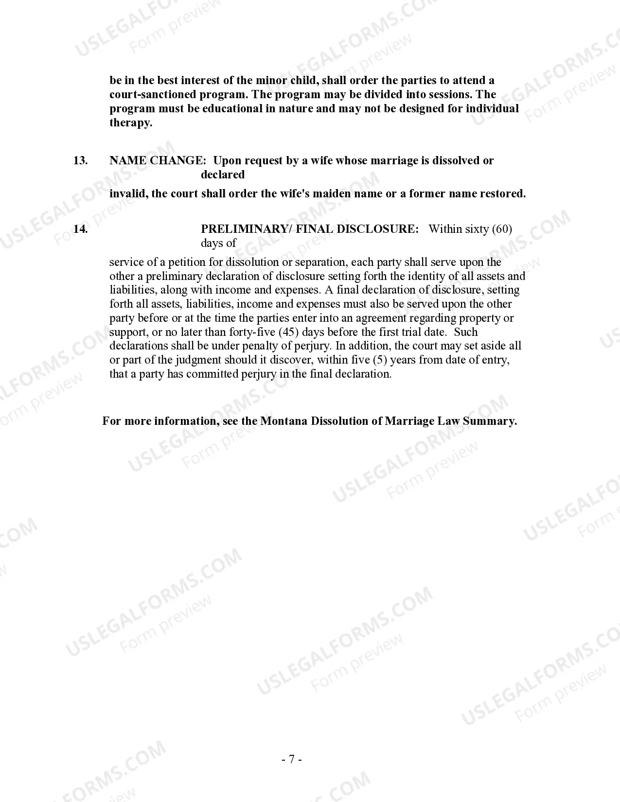 Preview Montana No-Fault Agreed Uncontested Divorce Package for Dissolution of Marriage for people with Minor Children