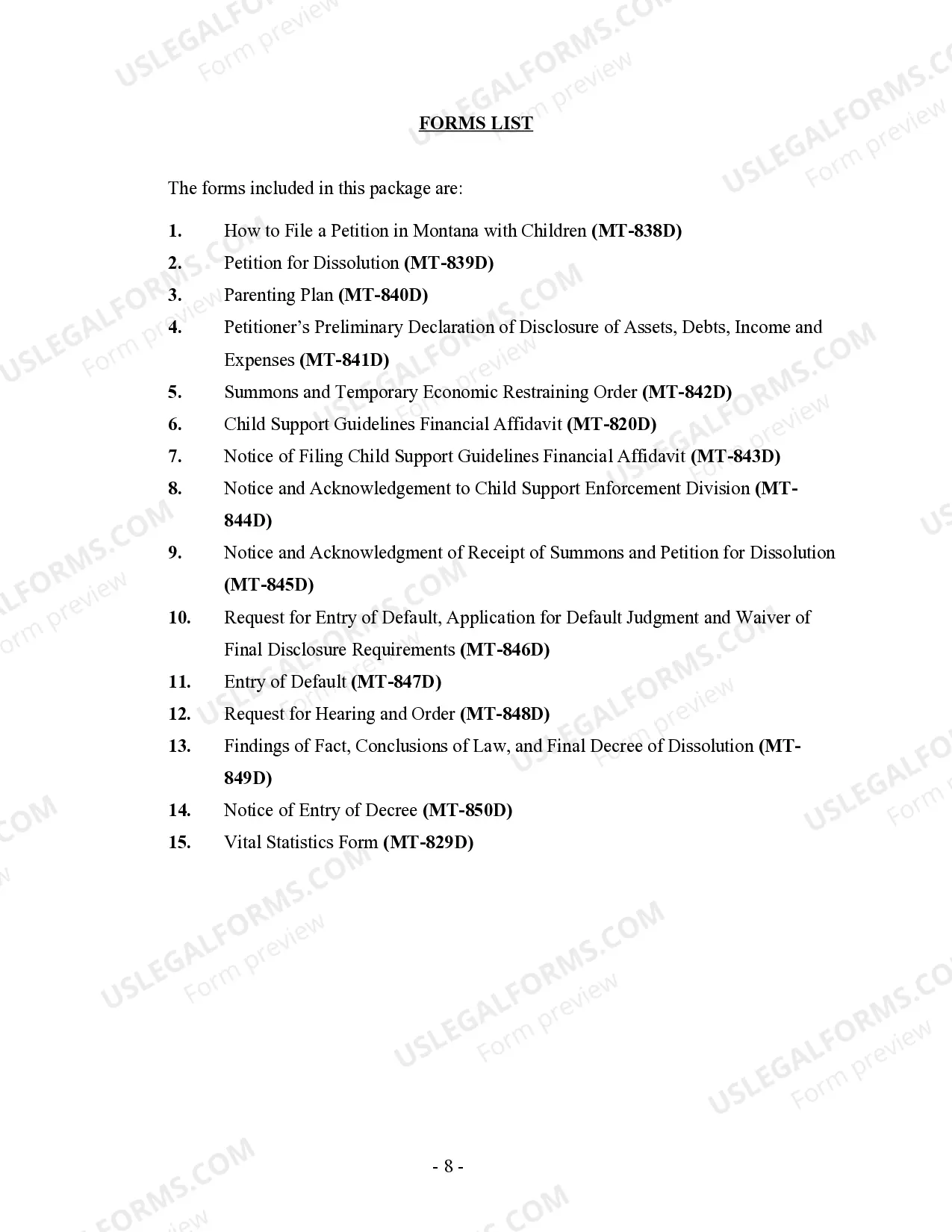 Preview Montana No-Fault Agreed Uncontested Divorce Package for Dissolution of Marriage for people with Minor Children