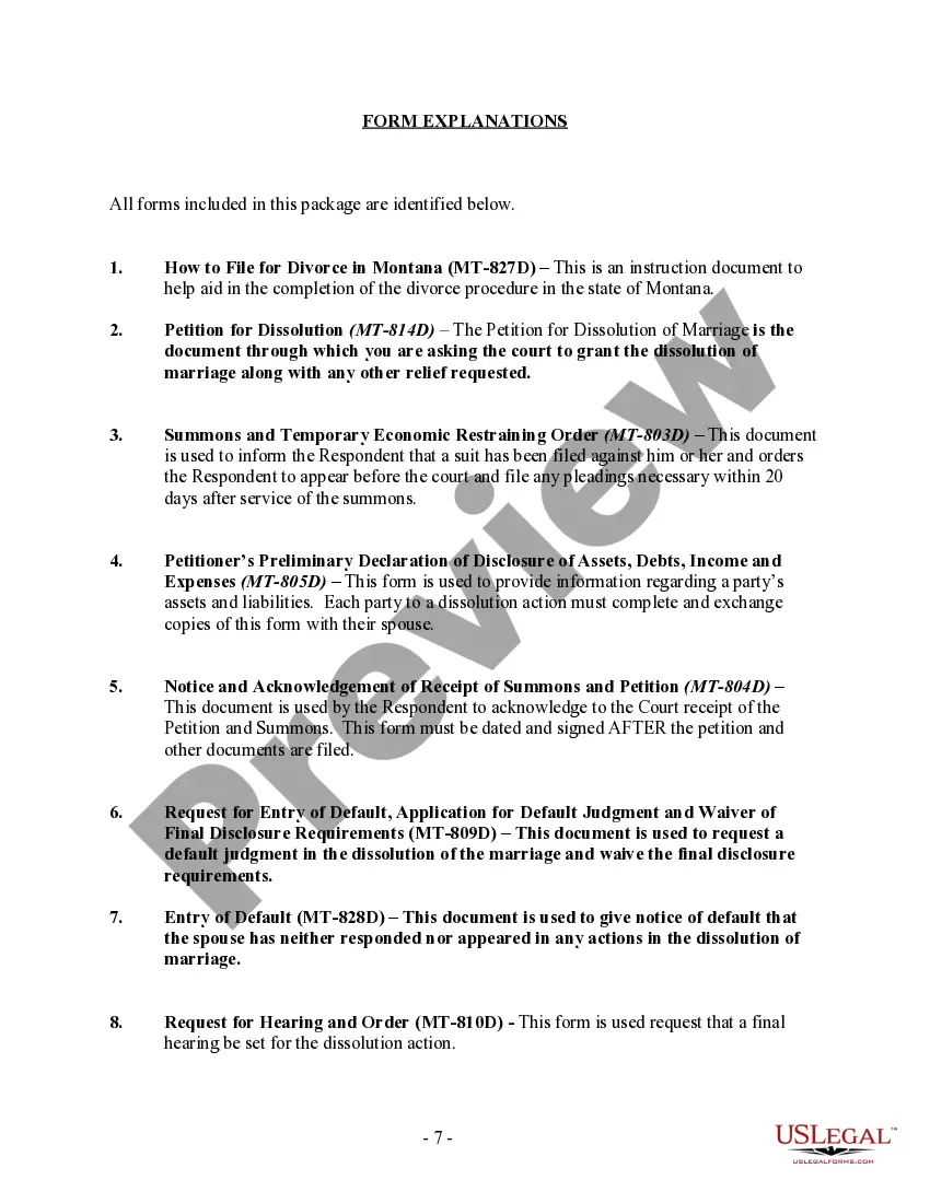 Preview Montana No-Fault Agreed Uncontested Divorce Package for Dissolution of Marriage for Persons with No Children with or without Property and Debts