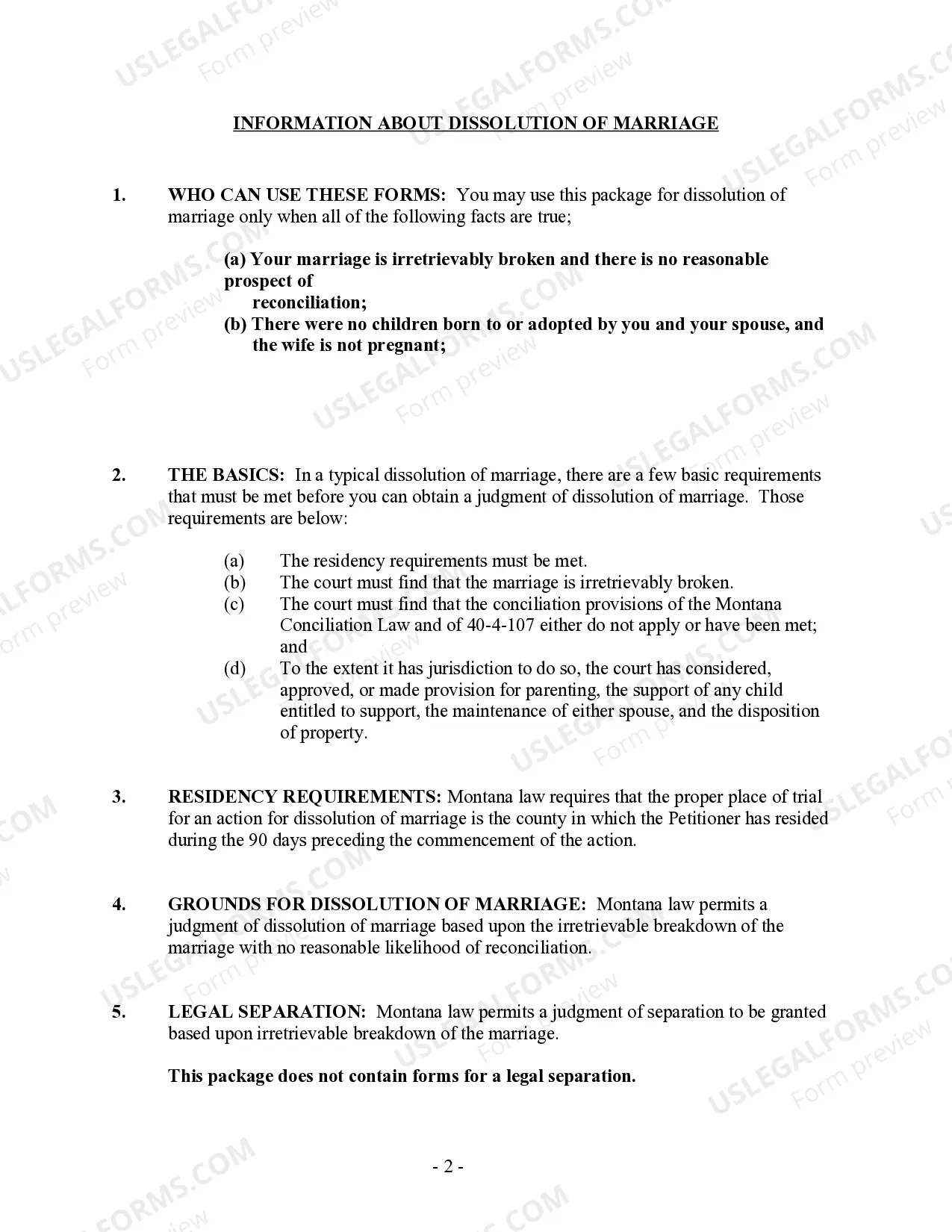 Preview Montana No-Fault Agreed Uncontested Divorce Package for Joint Dissolution of Marriage with No Children with or without Property and Debts