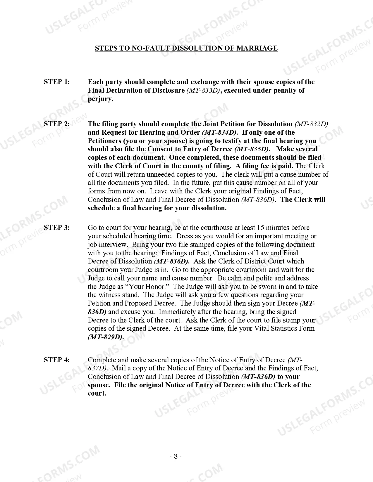 Preview Montana No-Fault Agreed Uncontested Divorce Package for Joint Dissolution of Marriage with No Children with or without Property and Debts