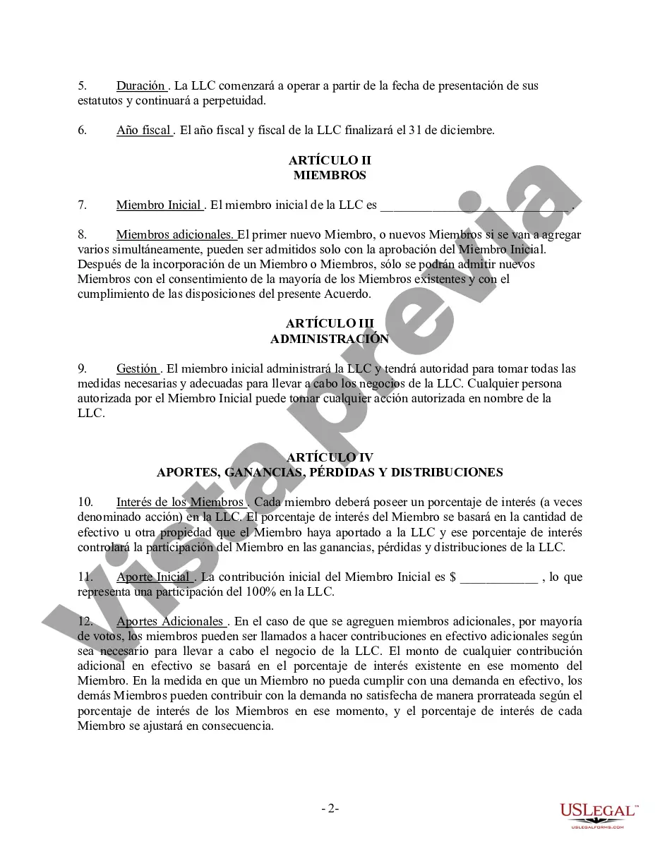 Preview Acuerdo Operativo LLC de Sociedad de Responsabilidad Limitada de Miembro Único