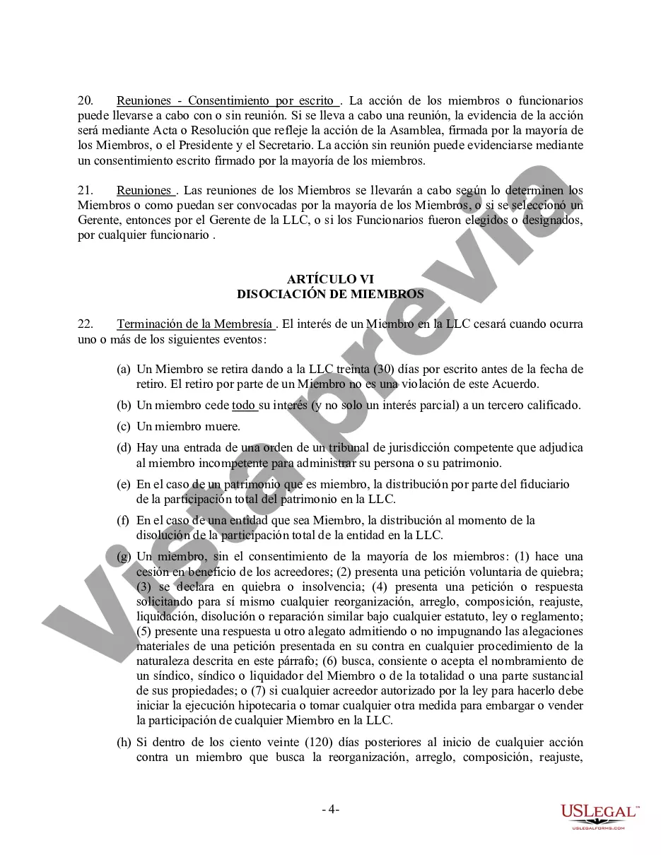 Preview Acuerdo Operativo LLC de Sociedad de Responsabilidad Limitada de Miembro Único
