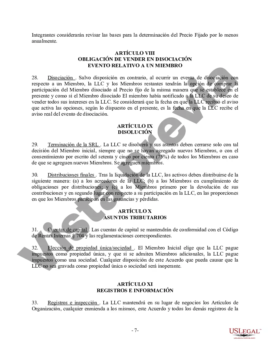 Preview Acuerdo Operativo LLC de Sociedad de Responsabilidad Limitada de Miembro Único