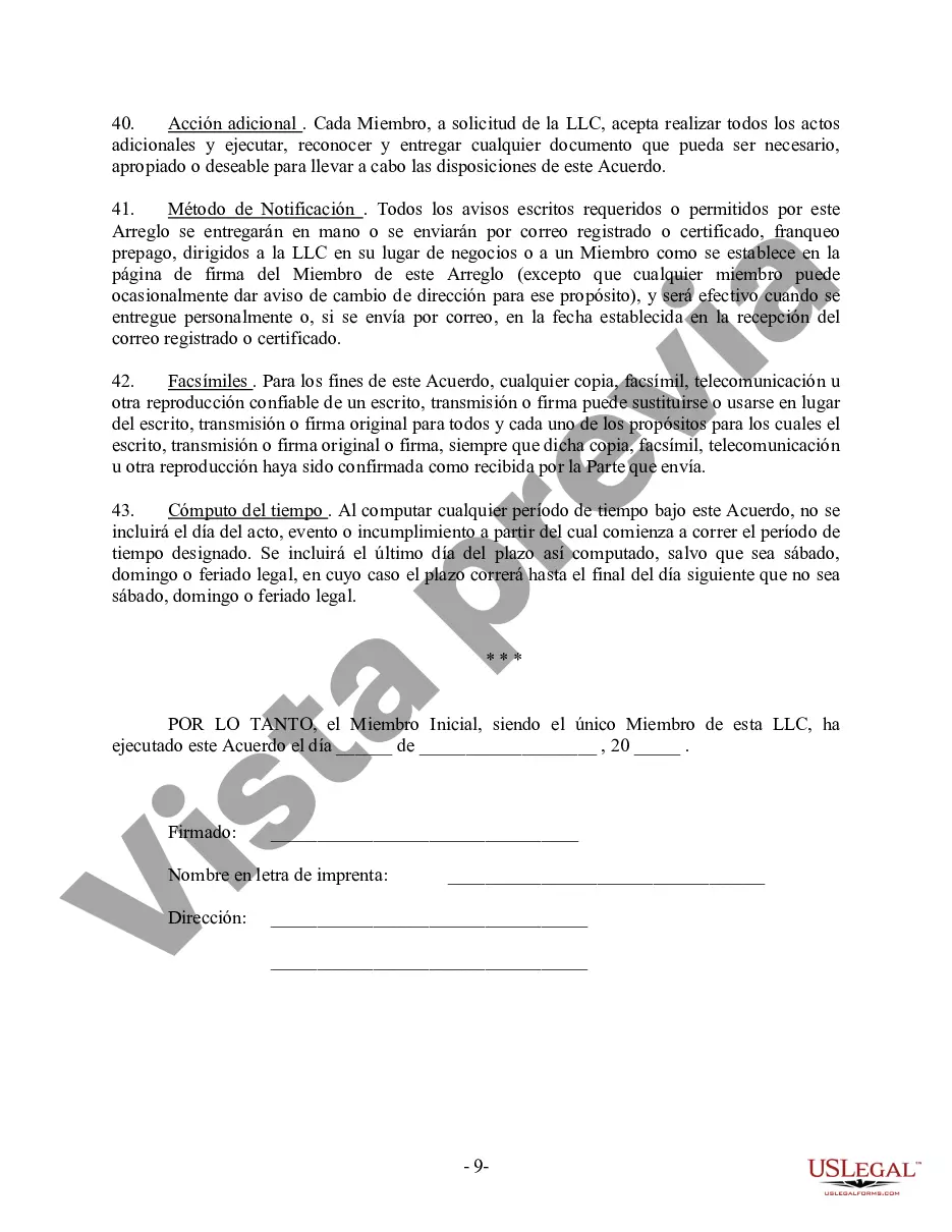 Preview Acuerdo Operativo LLC de Sociedad de Responsabilidad Limitada de Miembro Único