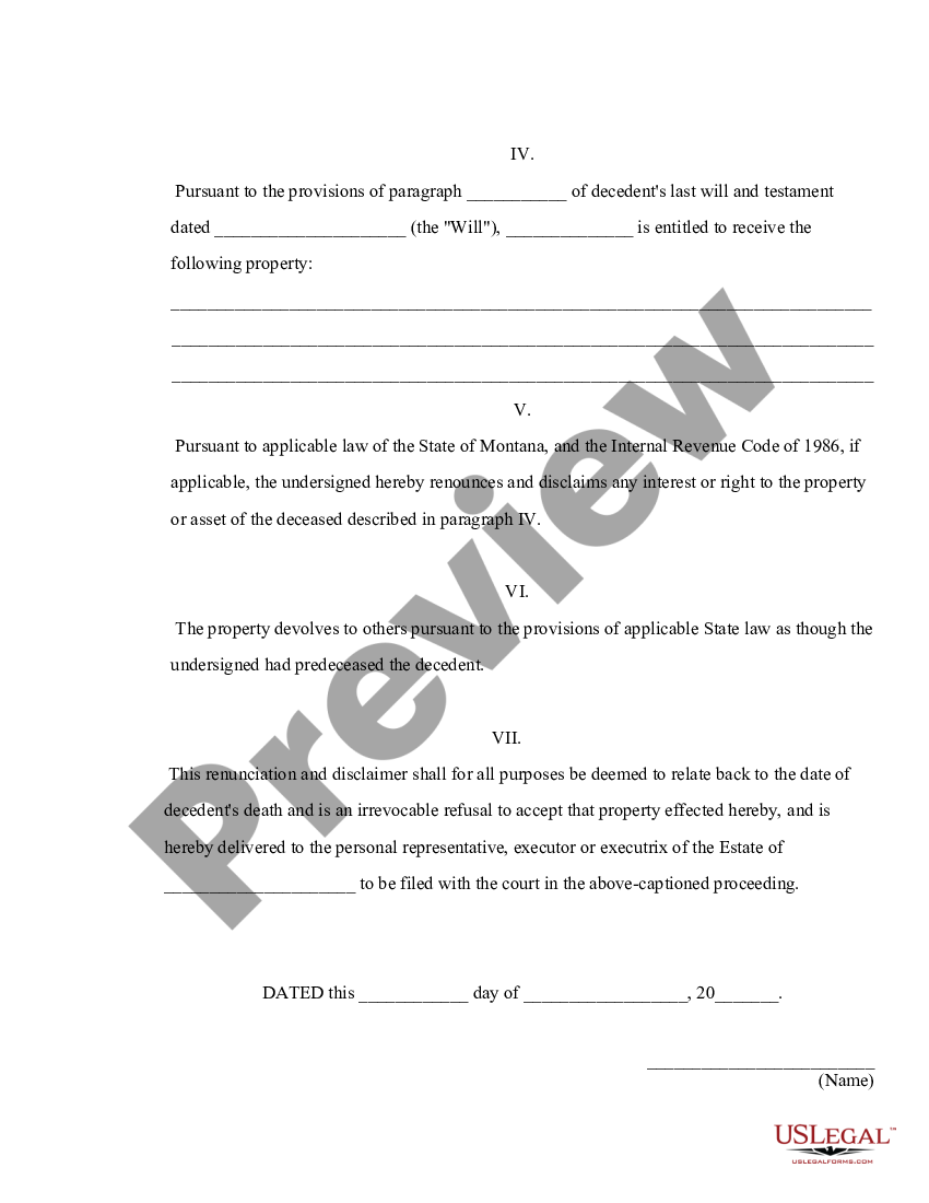 Montana Renunciation And Disclaimer Of Property From Will By Testate Us Legal Forms