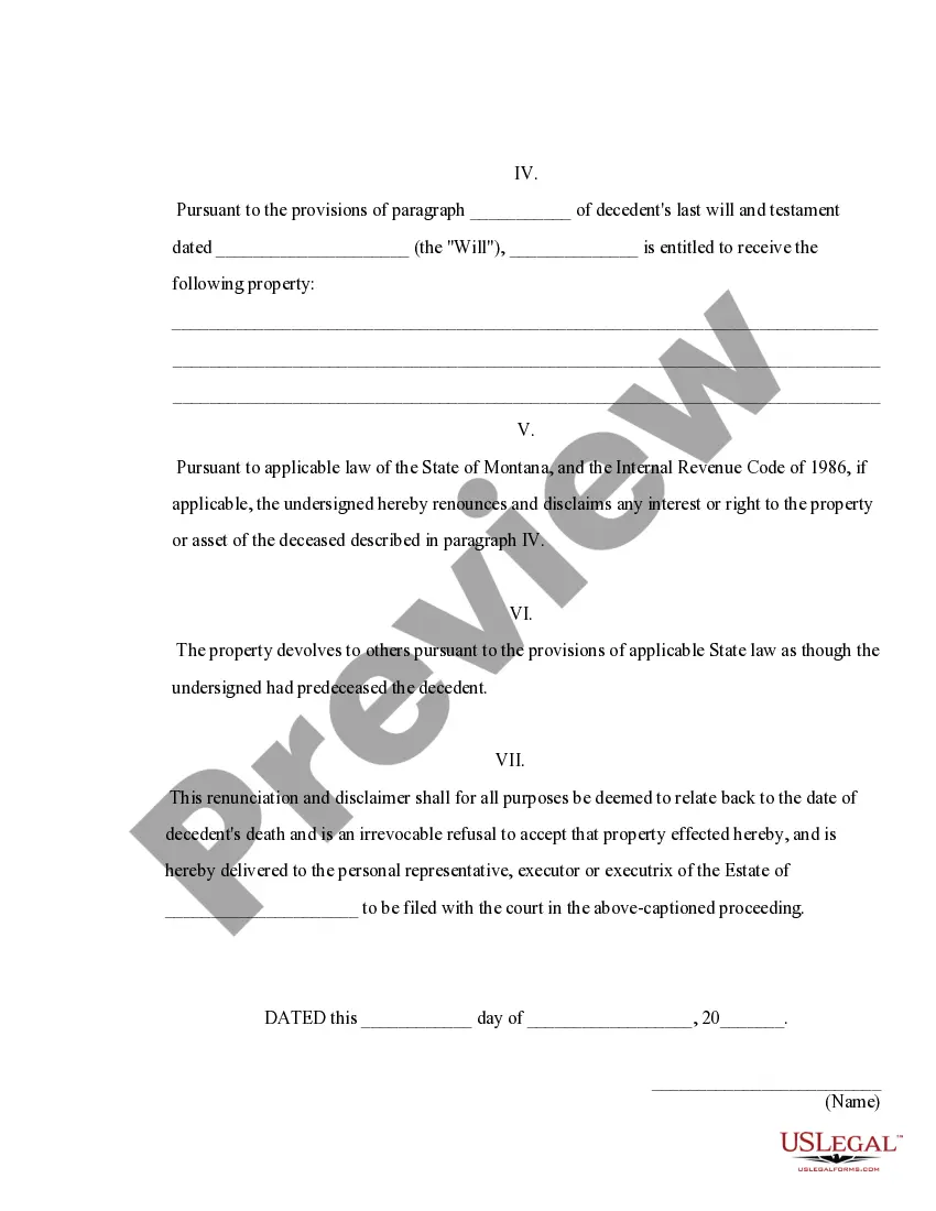 Preview Montana Renunciation and Disclaimer of Property from Will by Testate
