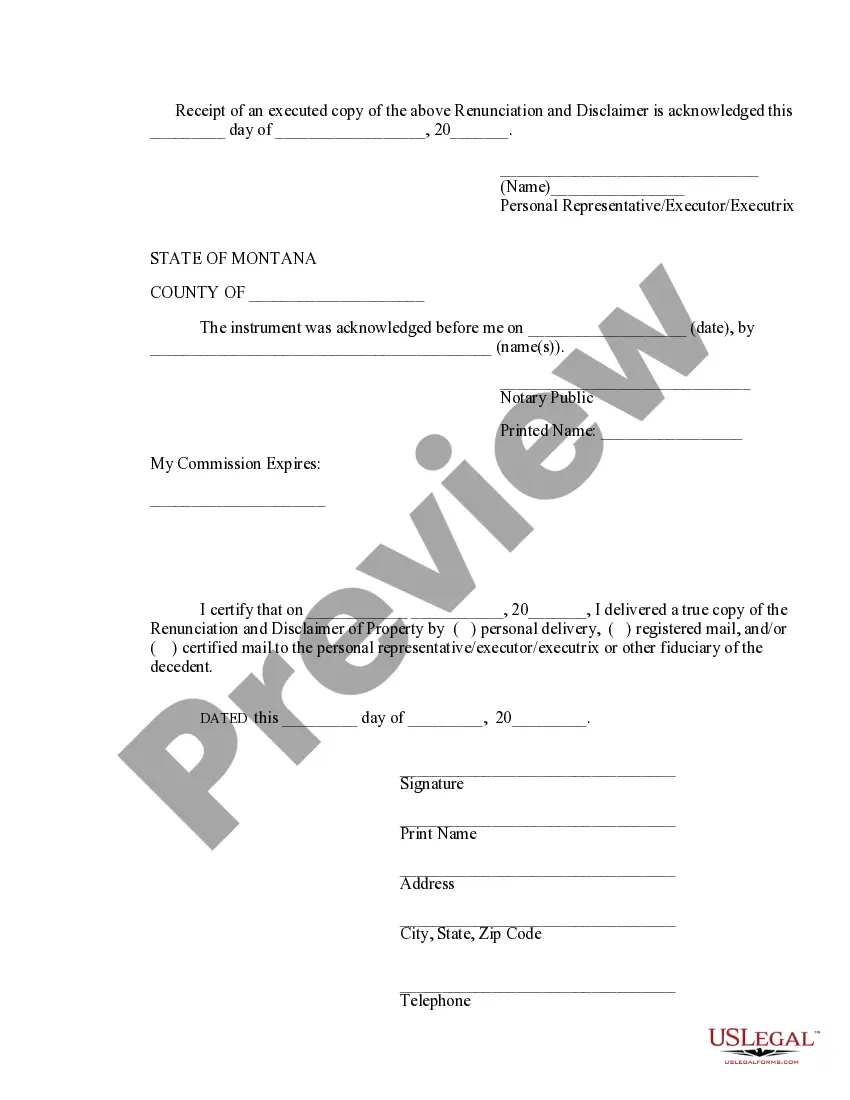 Preview Montana Renunciation and Disclaimer of Property from Will by Testate