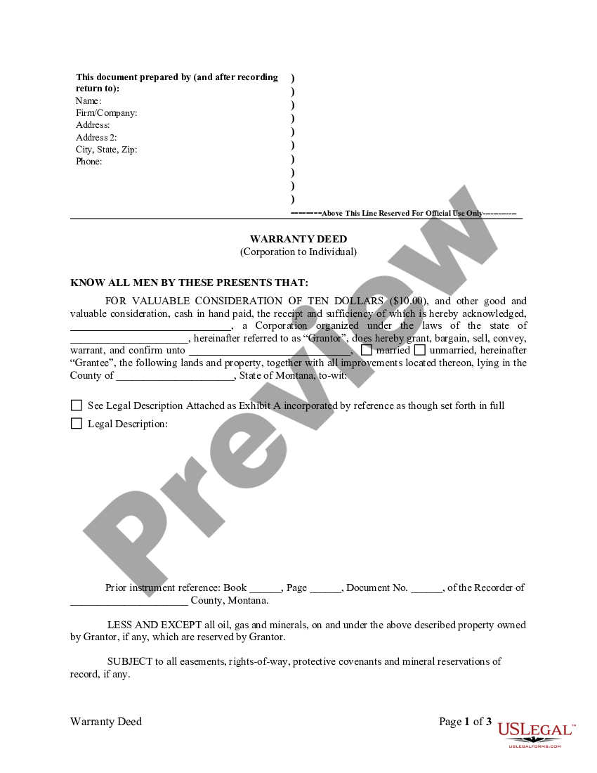 Montana Warranty Deed from Corporation to Individual | US Legal Forms