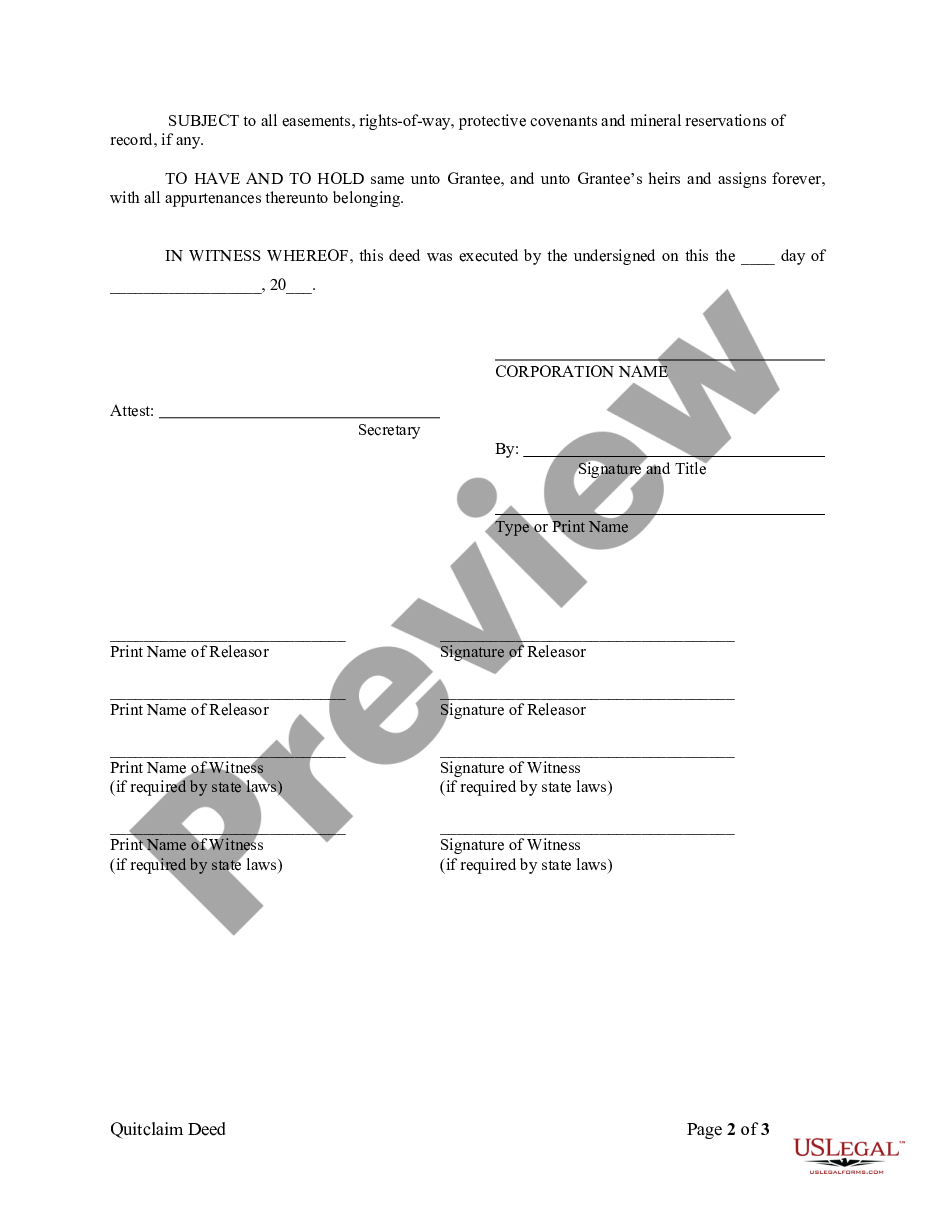 page 1 Quitclaim Deed from Corporation to Corporation preview