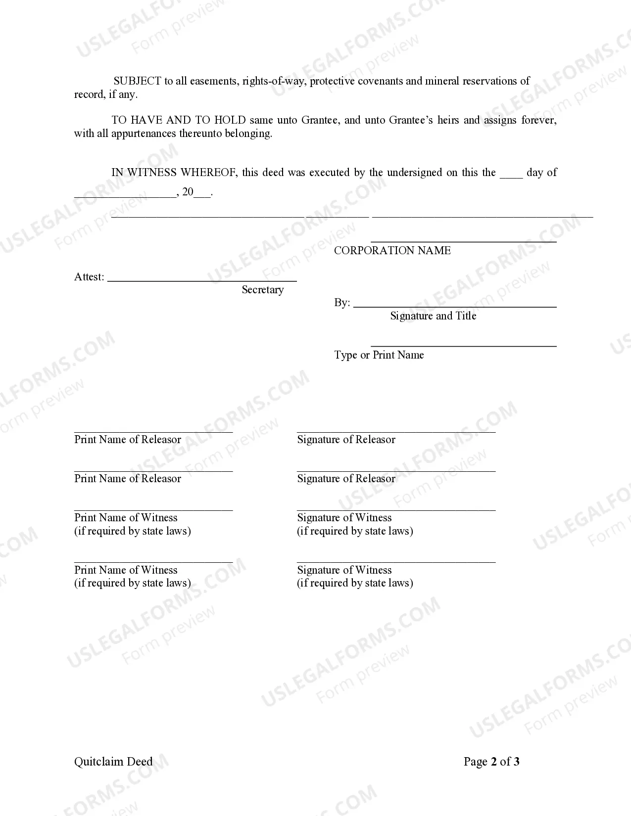 Preview Quitclaim Deed from Corporation to Corporation