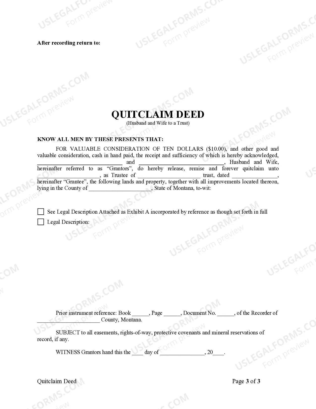 Preview Quitclaim Deed - Husband and Wife to a Trust