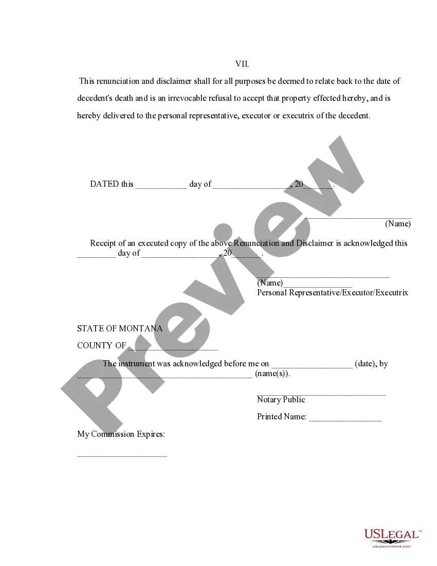 Preview Montana Renunciation and Disclaimer of Property received by Intestate Succession