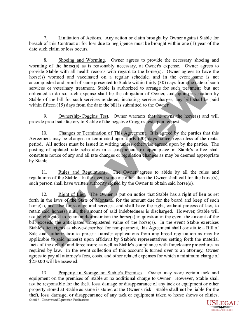 Printable Horse Boarding Contract For Horses US Legal Forms