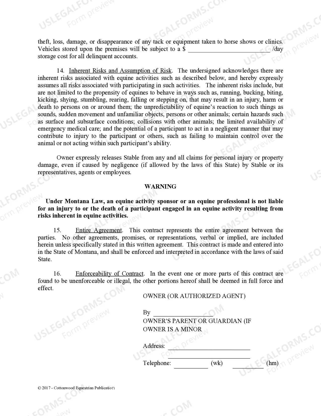 Preview Boarding Stable Agreement - Horse Equine Forms