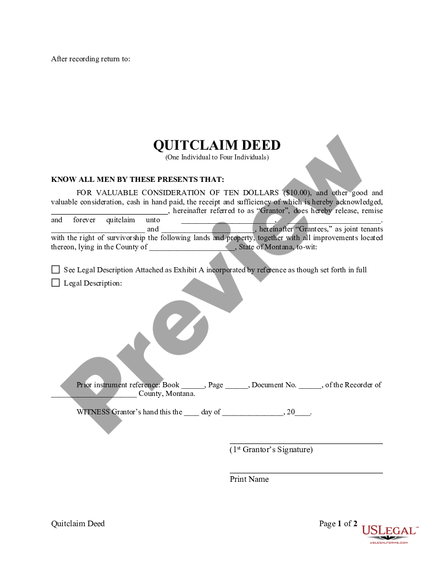 Montana Quitclaim Deed One Individual To Four Individuals Us Legal Forms 7960