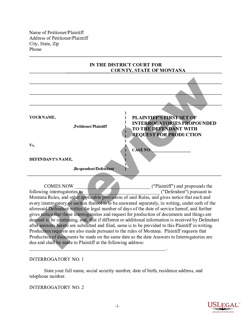 Montana Discovery Interrogatories from Plaintiff to Defendant with ...