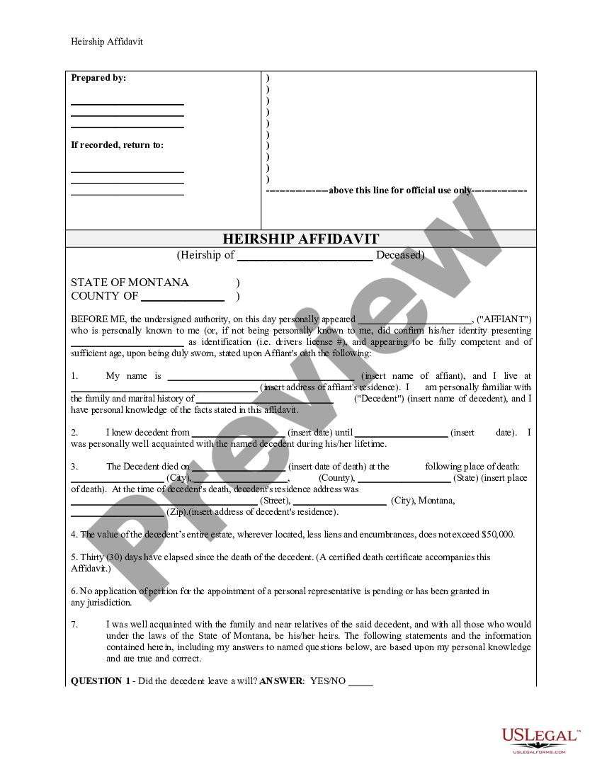 Montana Heirship Affidavit - Descent - Heirship | US Legal Forms