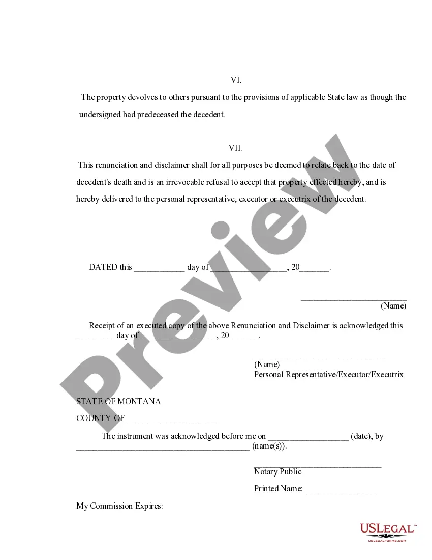 Preview Montana Renunciation and Disclaimer of Property - Nontestamentary Instrument or Contract