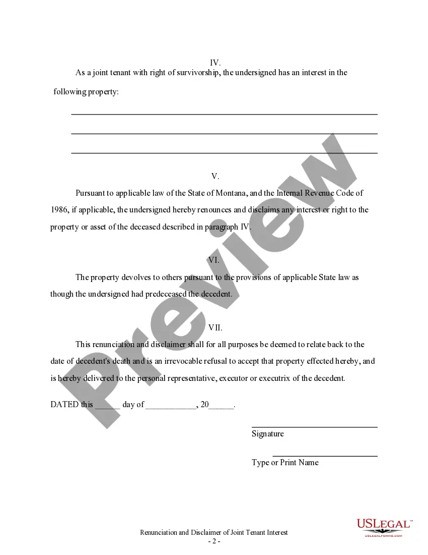 Preview Montana Renunciation and Disclaimer of Joint Tenant or Tenancy Interest