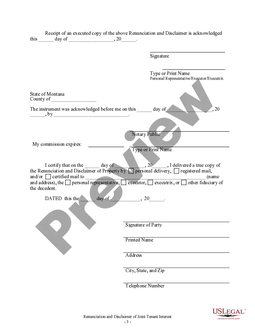 Preview Montana Renunciation and Disclaimer of Joint Tenant or Tenancy Interest