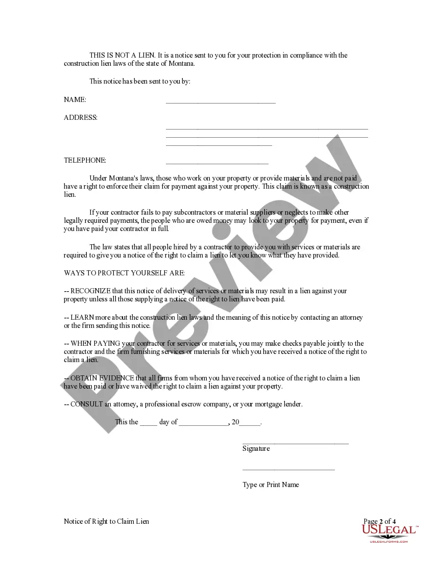 Preview Notice of Right to Claim Lien - Individual