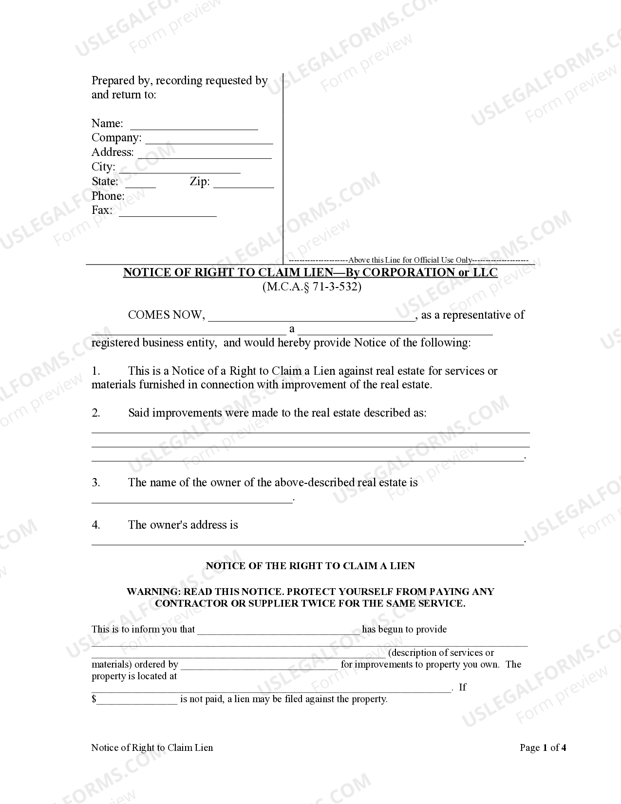 Montana Notice of Right to Claim Lien Corporation or LLLC Notice Of