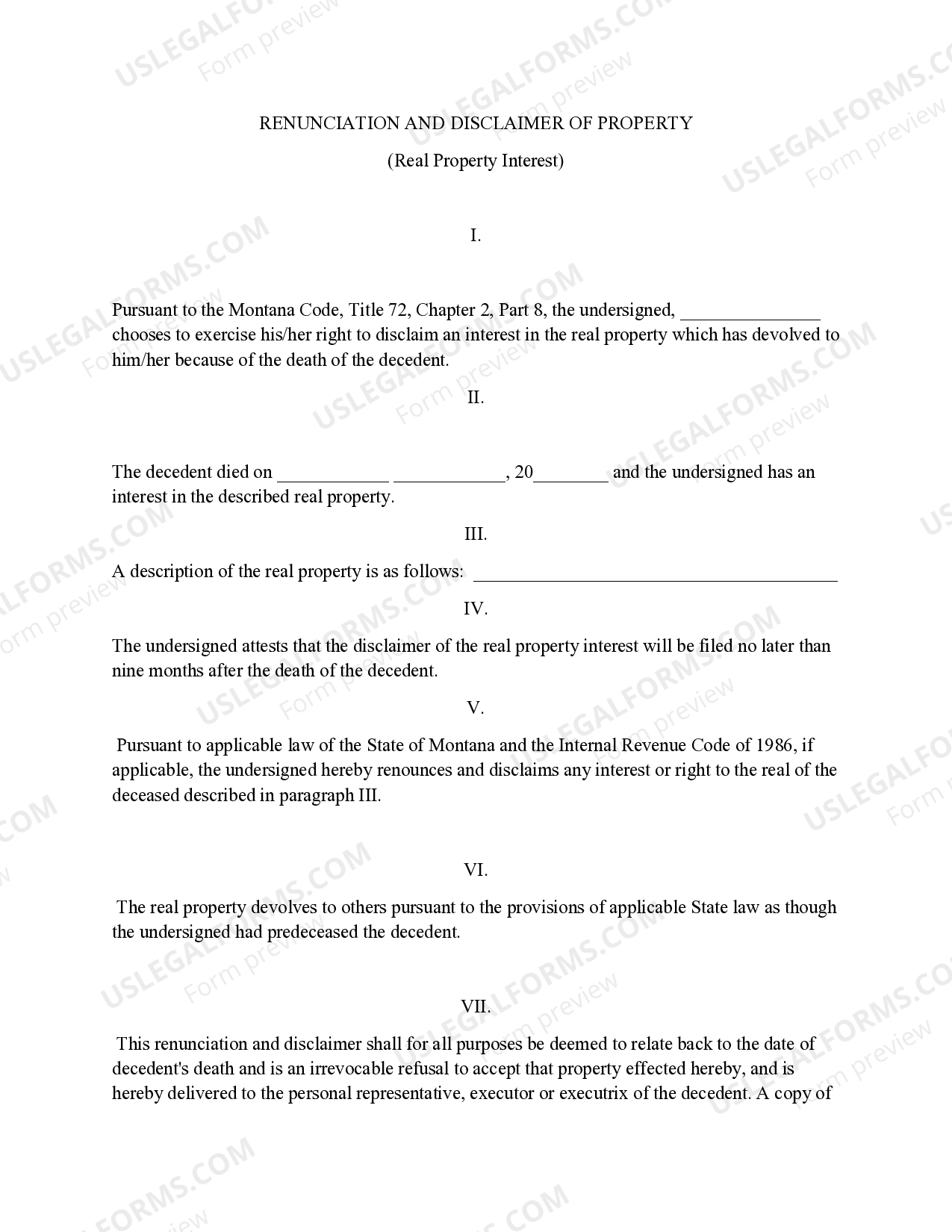 Montana Renunciation and Disclaimer of Real Property Interest US