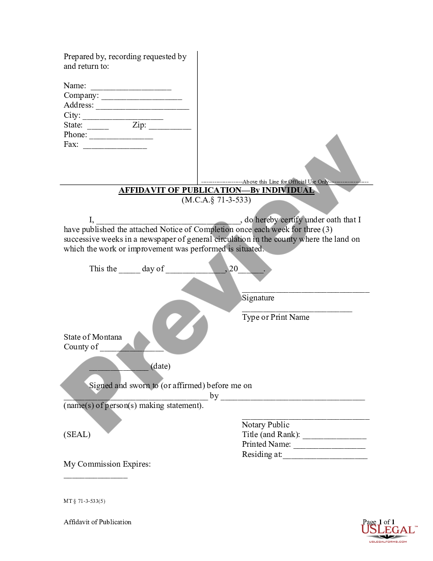 Montana Affidavit of Publication - Individual | US Legal Forms