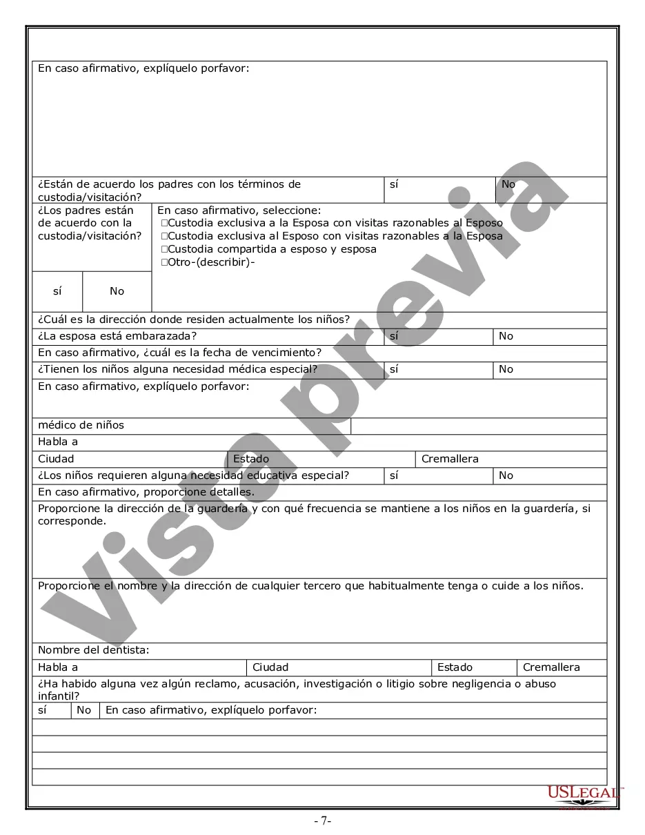 Preview Hoja de trabajo de divorcio y resumen de la ley para casos disputados o no disputados de más de 25 páginas - Formulario de entrevista de cliente ideal