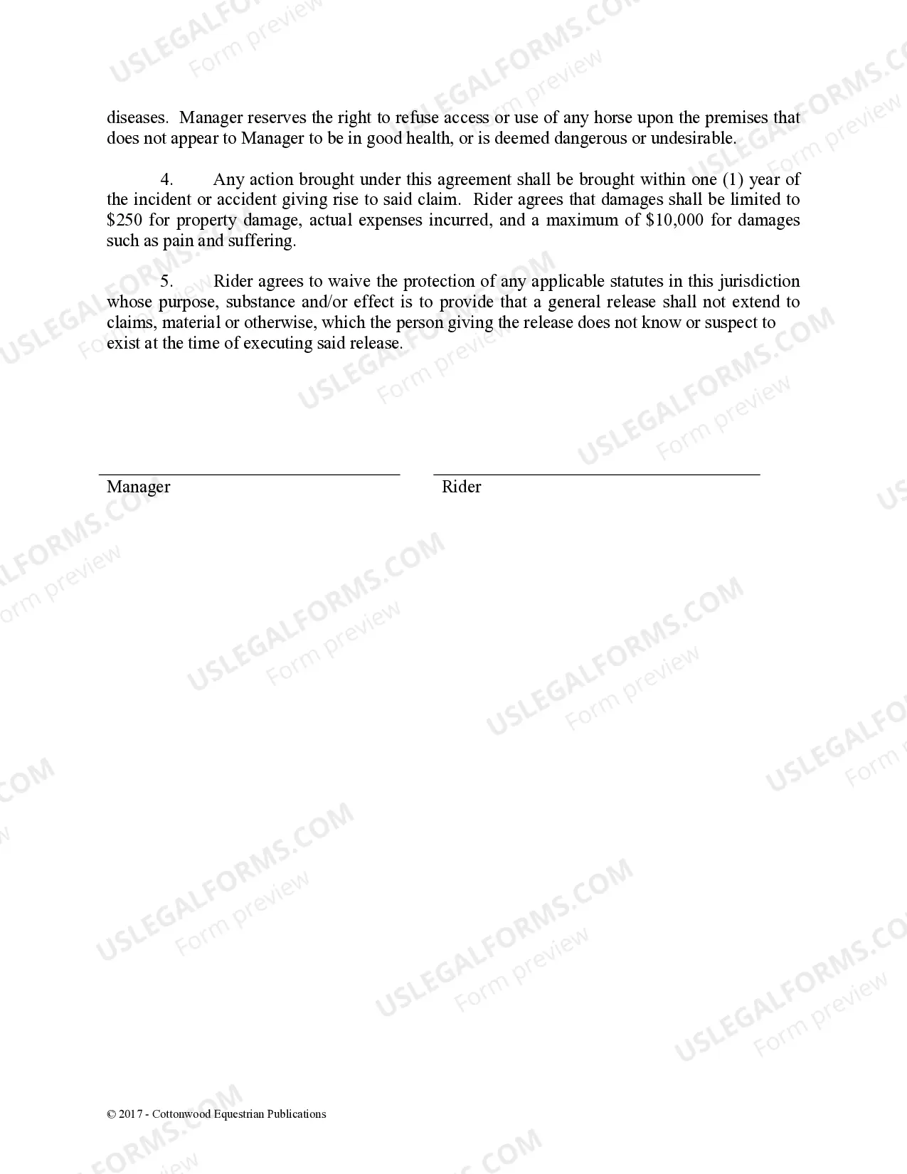 Preview Release of Liability Owner Rider - Horse Equine Forms