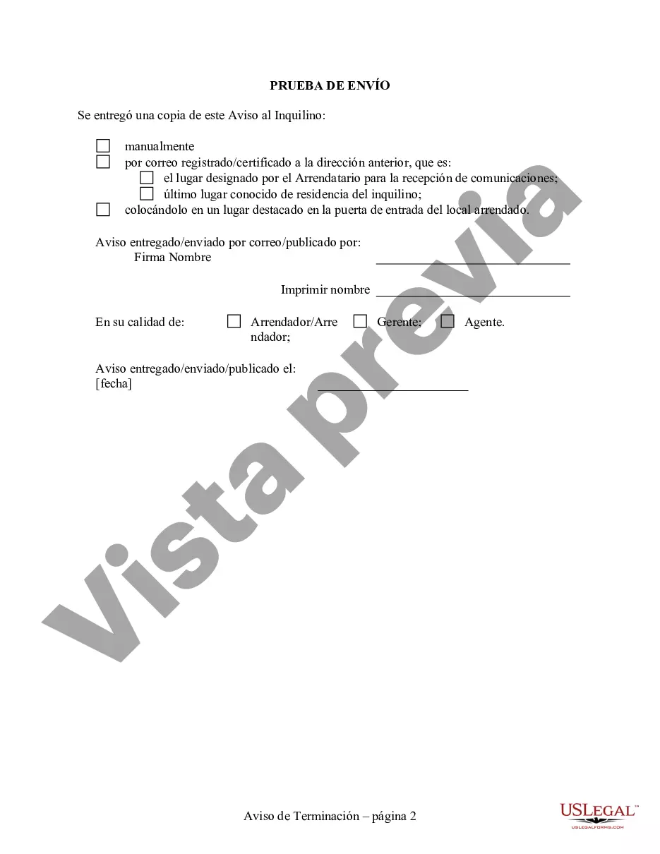 Preview Aviso de 30 días para rescindir el contrato de arrendamiento periódico para no residencial del propietario al inquilino
