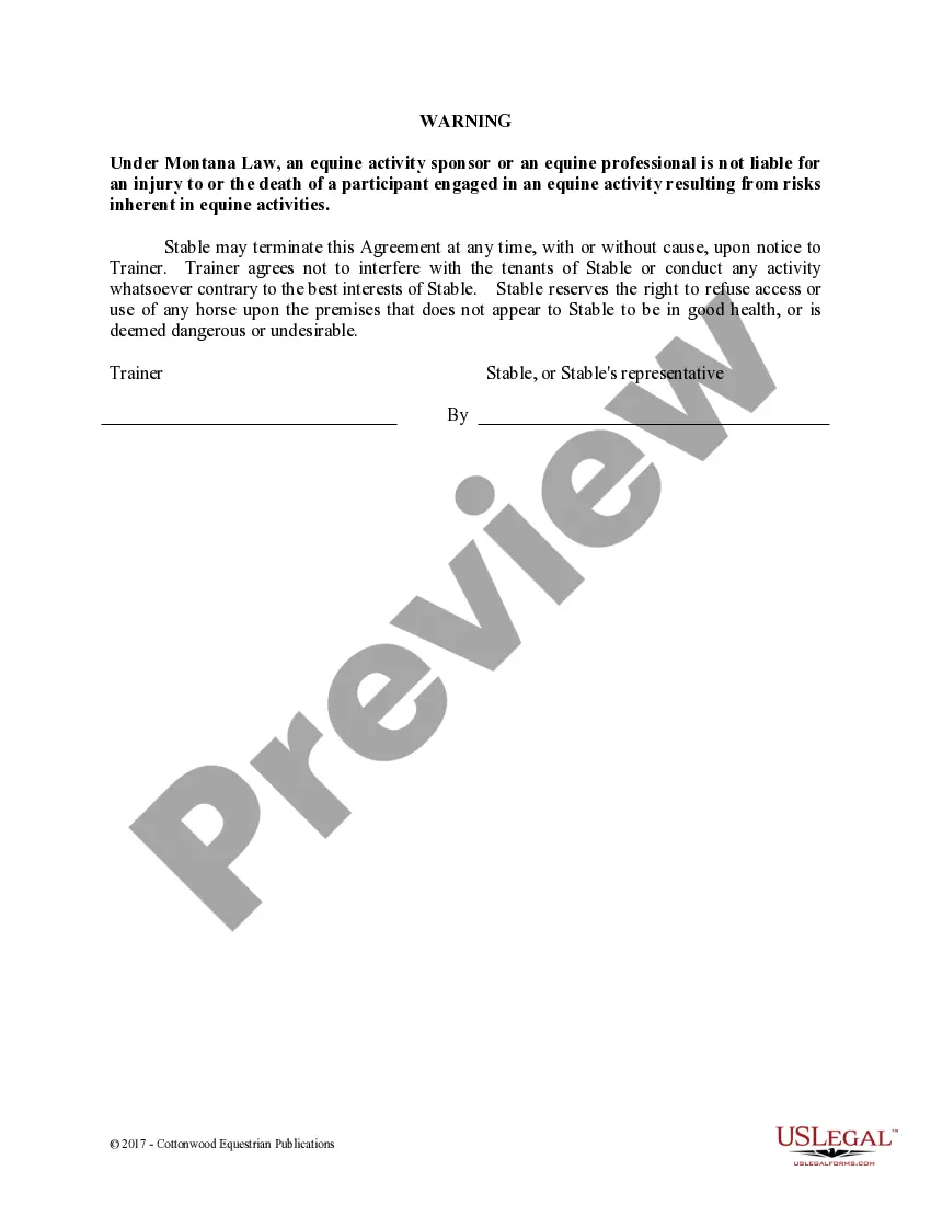 Preview Trainer's Facility Use Agreement - Horse Equine Forms