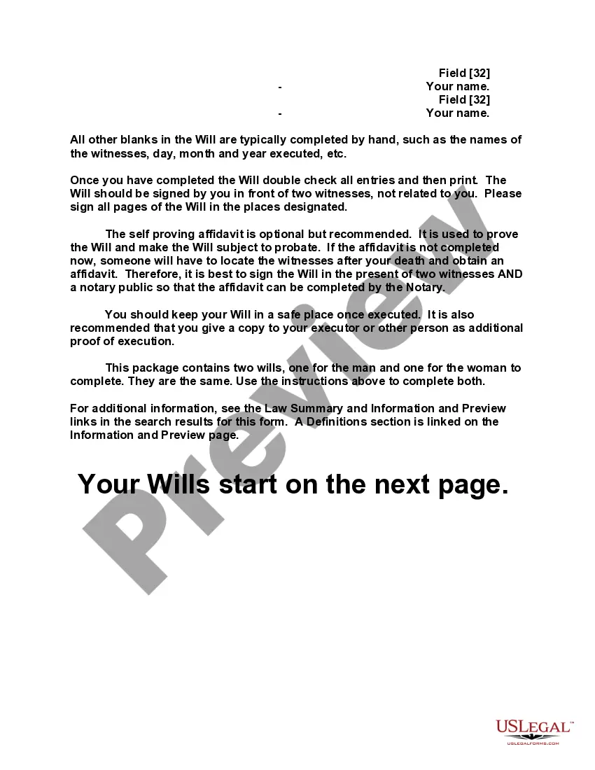 Preview Mutual Wills containing Last Will and Testaments for Man and Woman living together not Married with No Children