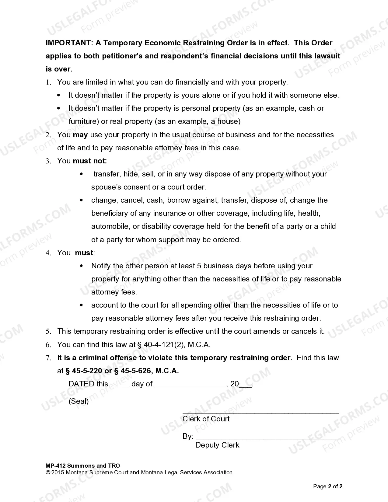 Preview Summons and Automatic Economic Restraining Order by Clerk of Court
