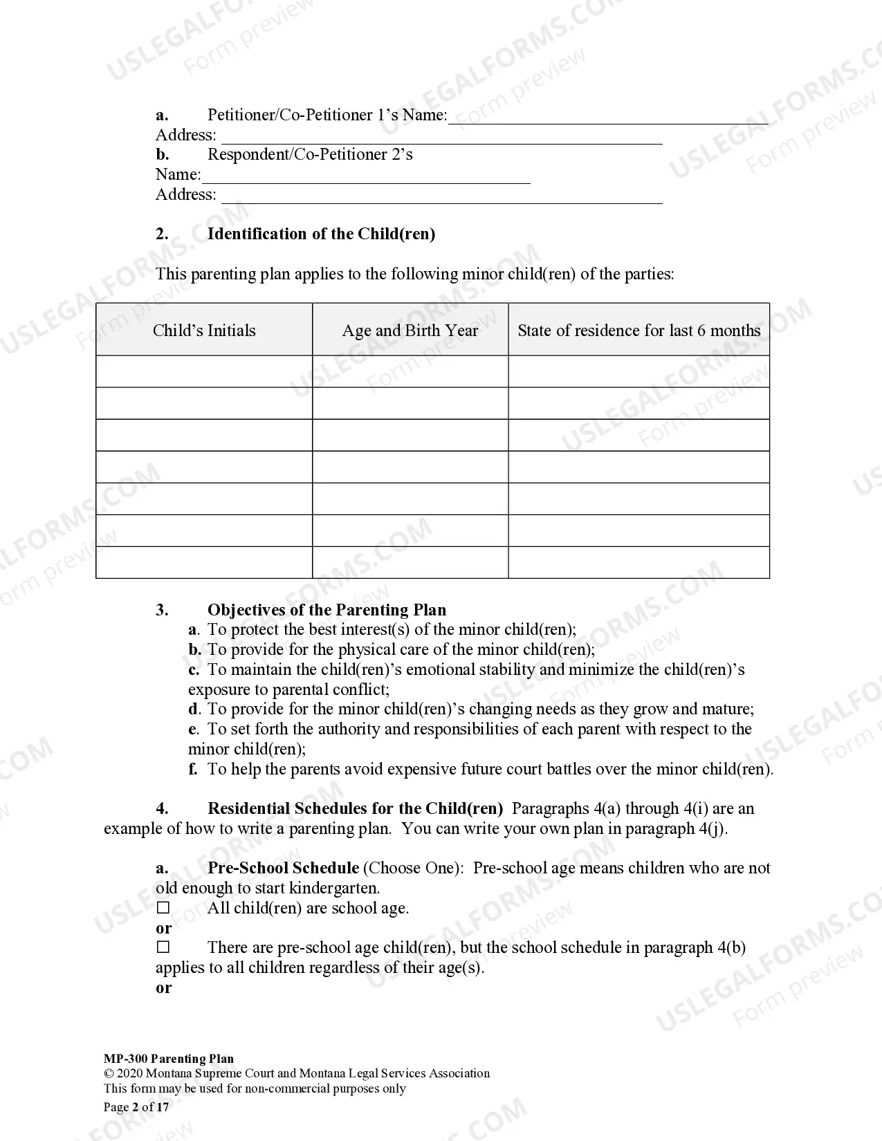 Preview Parenting Plan for Joint Dissolution