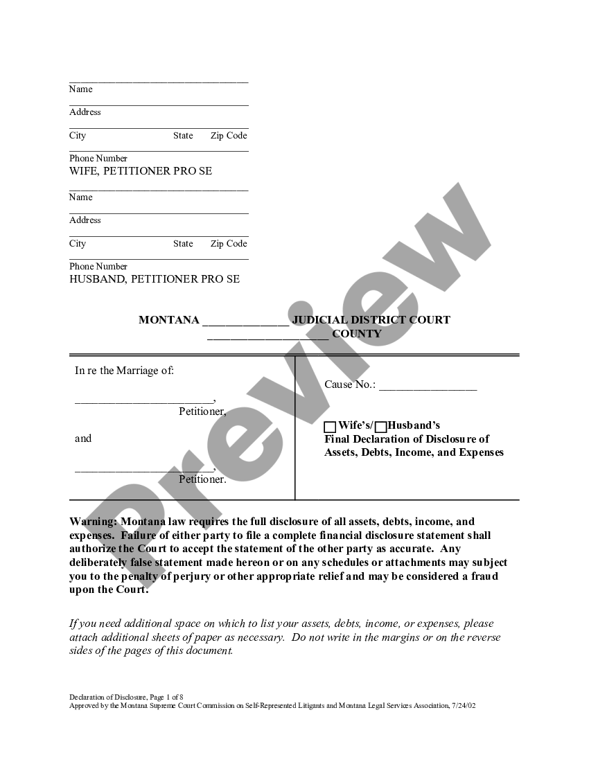 Montana Final Declaration Of Disclosure Of Assets Debts Income And Expenses Us Legal Forms 9627