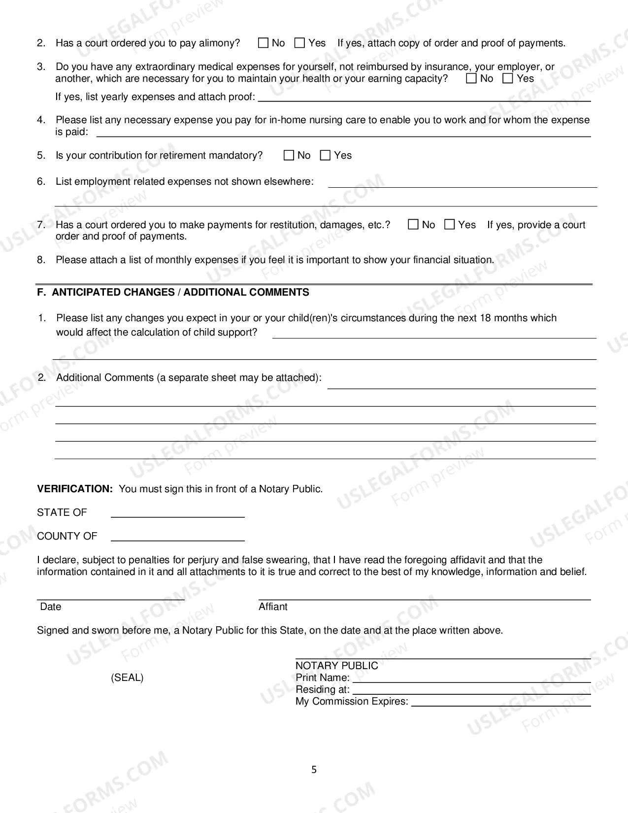 Preview Child Support Guidelines Financial Affidavit